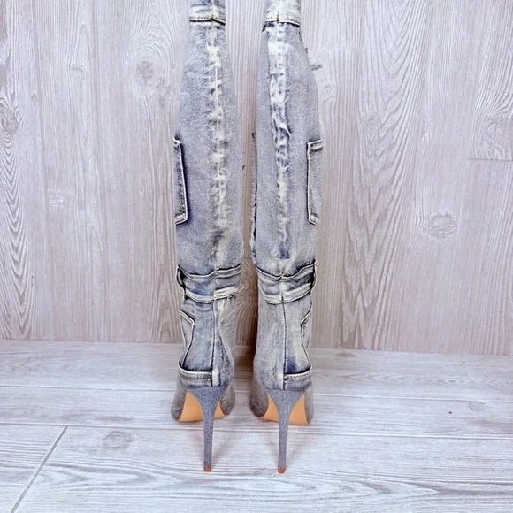 Denim light wash blue jean Raw Edge Pointy Toe Stiletto High Leg Boots 7 pocket - Picture 4 of 7